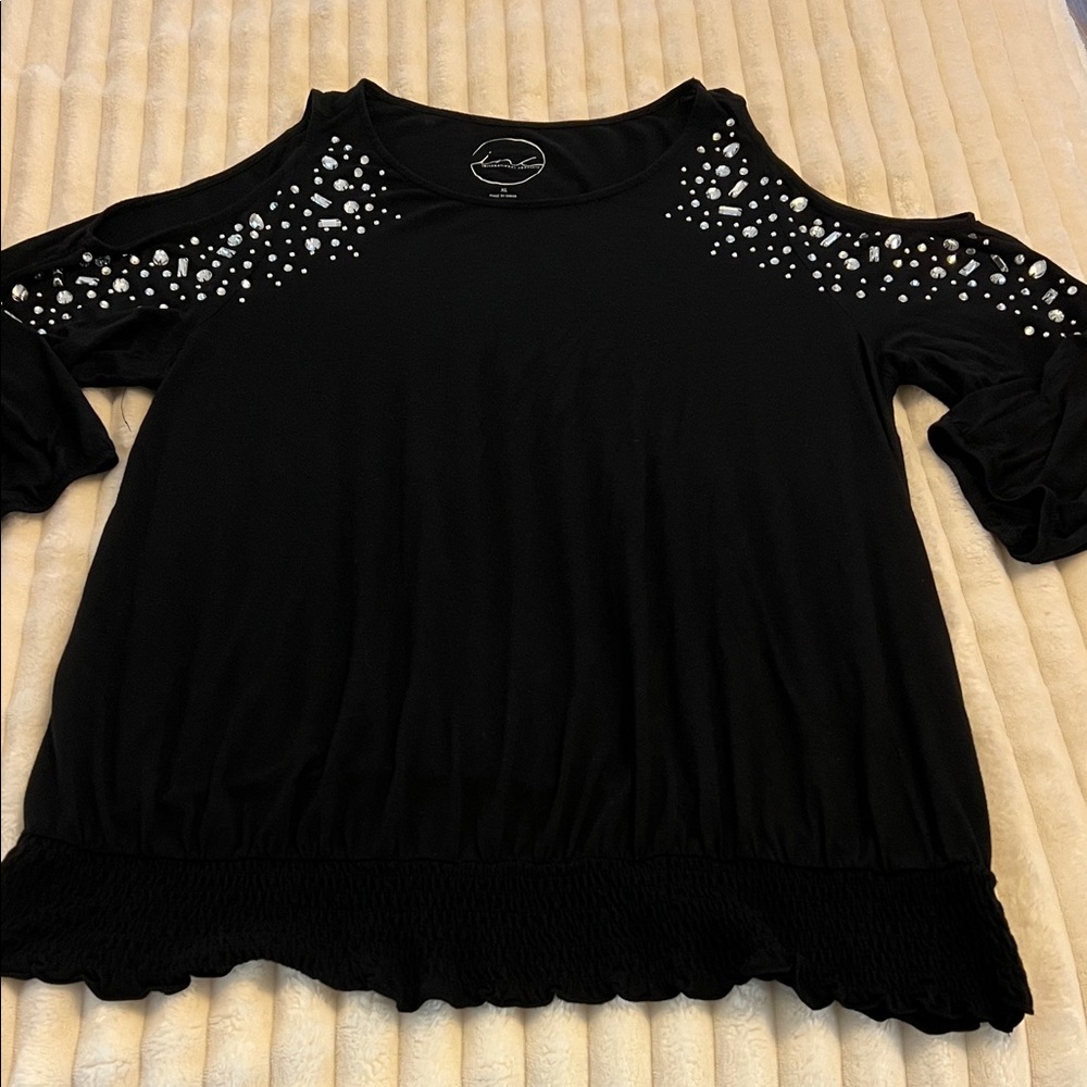 INC International Concepts Black Cold Shoulder Blouse with Silver Accents